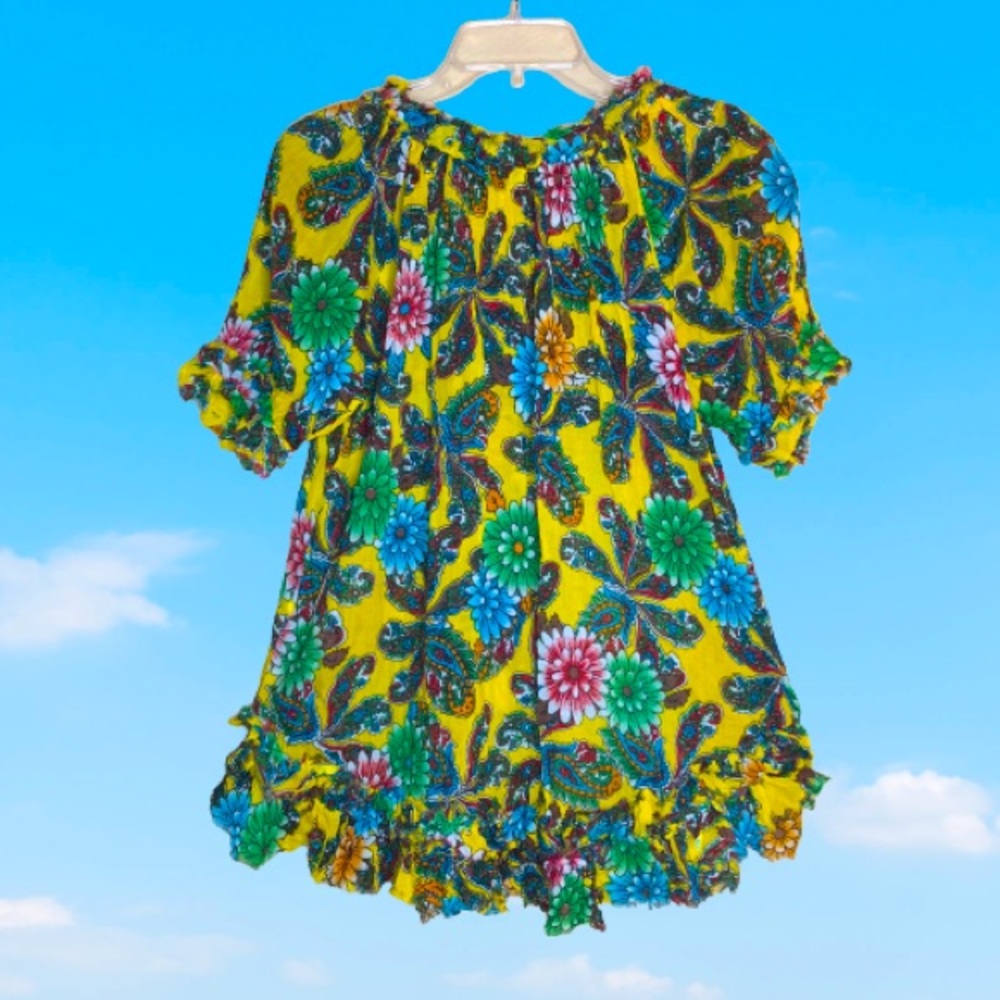 ADRIFT yellow blouse with bright colored florals - Picture 5 of 6